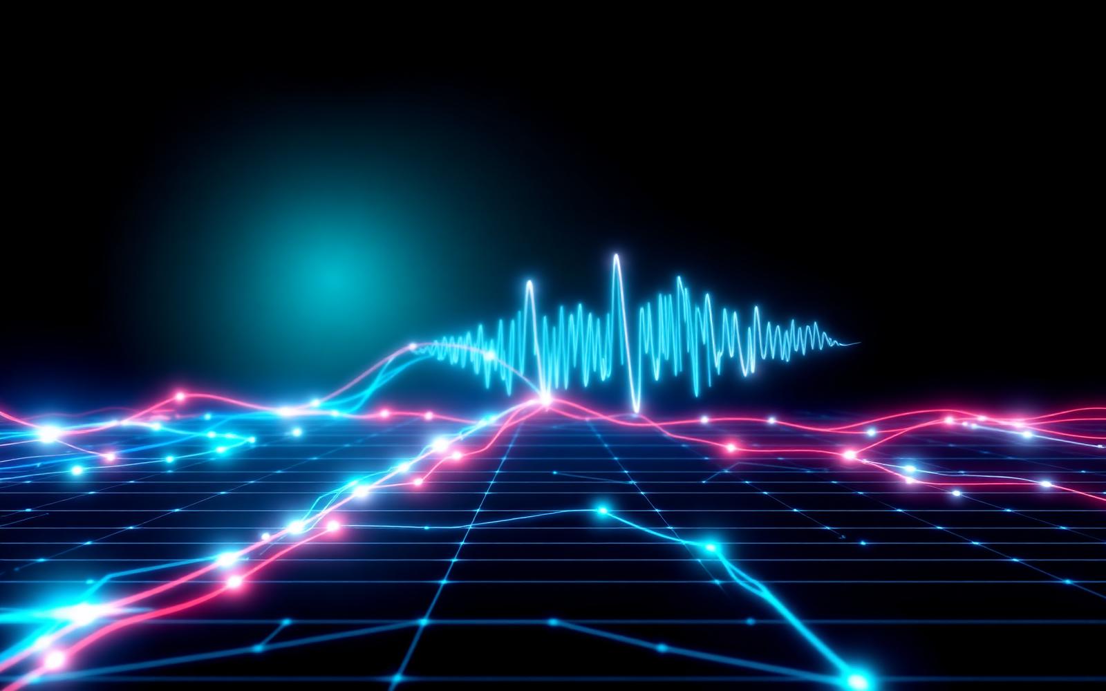 Glowing power grid lines flowing into a voice waveform across a dark plane