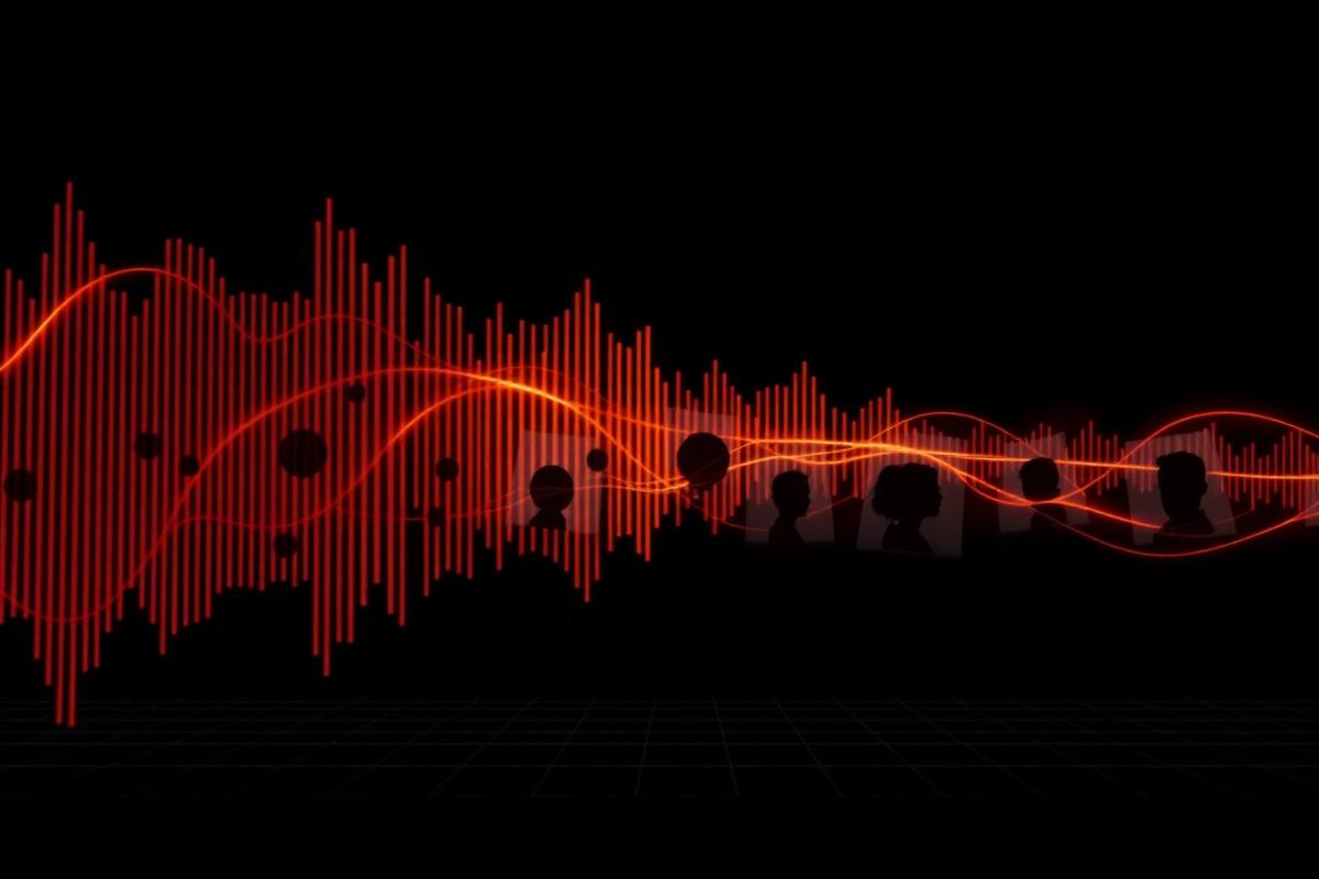 Glowing voice waveform flowing into candidate profile silhouettes on a dark background